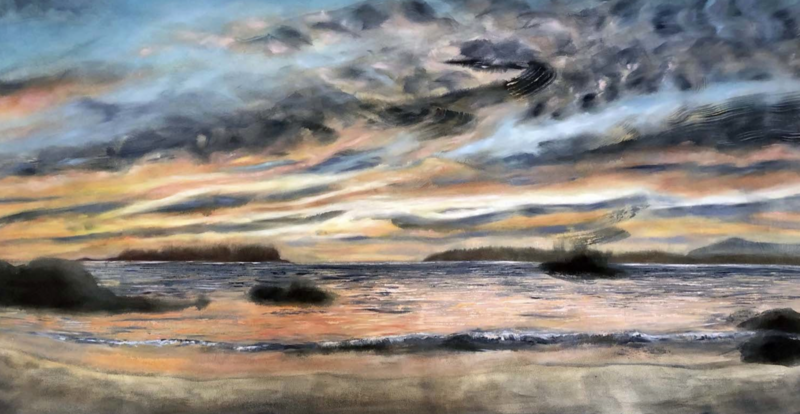 Painting titled Ignited Coast by Tiffany Blaise, depicting a moody seascape at sunset. The artwork features crashing waves, a glowing horizon with streaks of orange and pink, and dramatic, textured clouds overhead. Distant landmasses appear along the horizon. 30 x 60 inches, created in 2021.